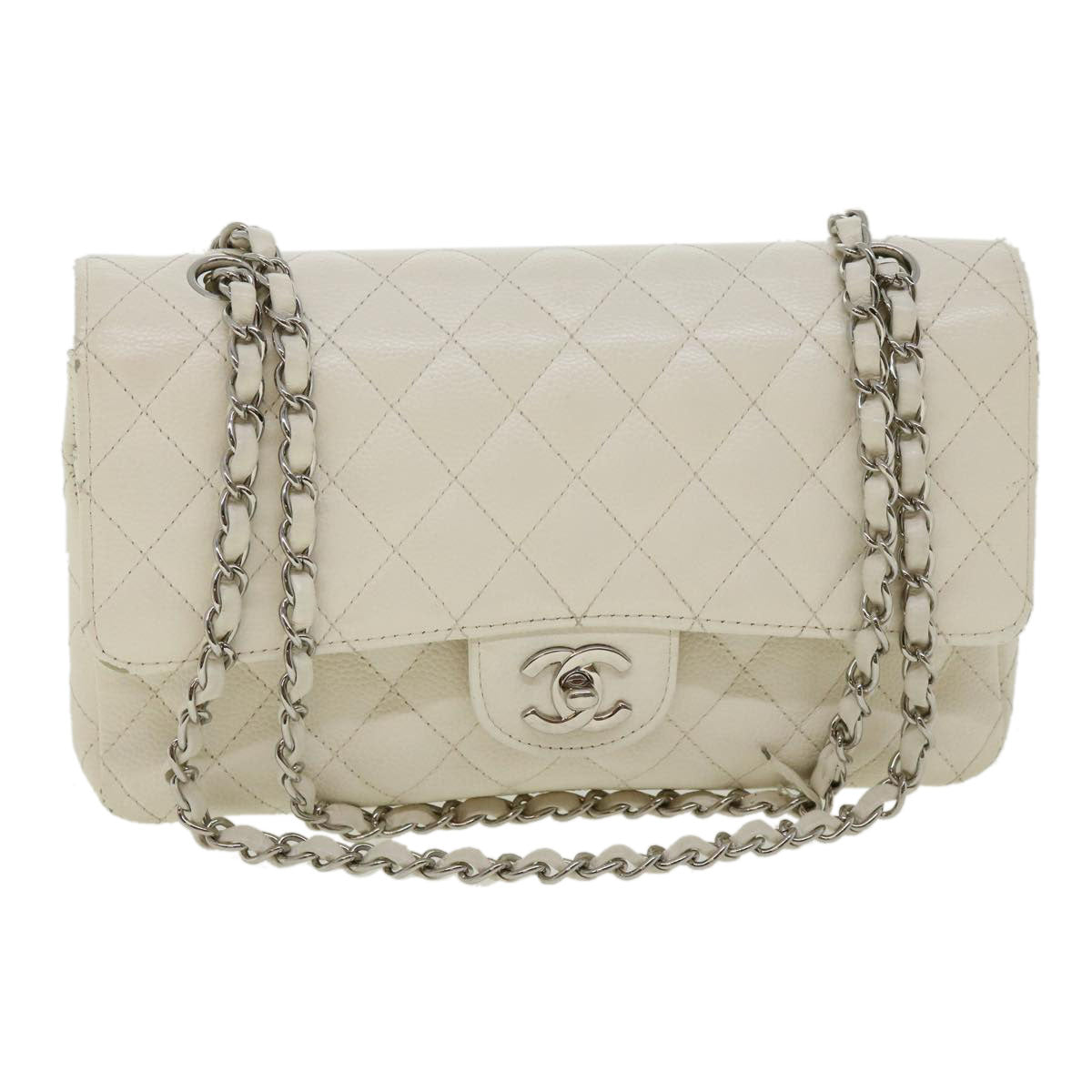 CHANEL Matelasse Double Flap Chain Shoulder Bag Caviar Skin White CC  knn085