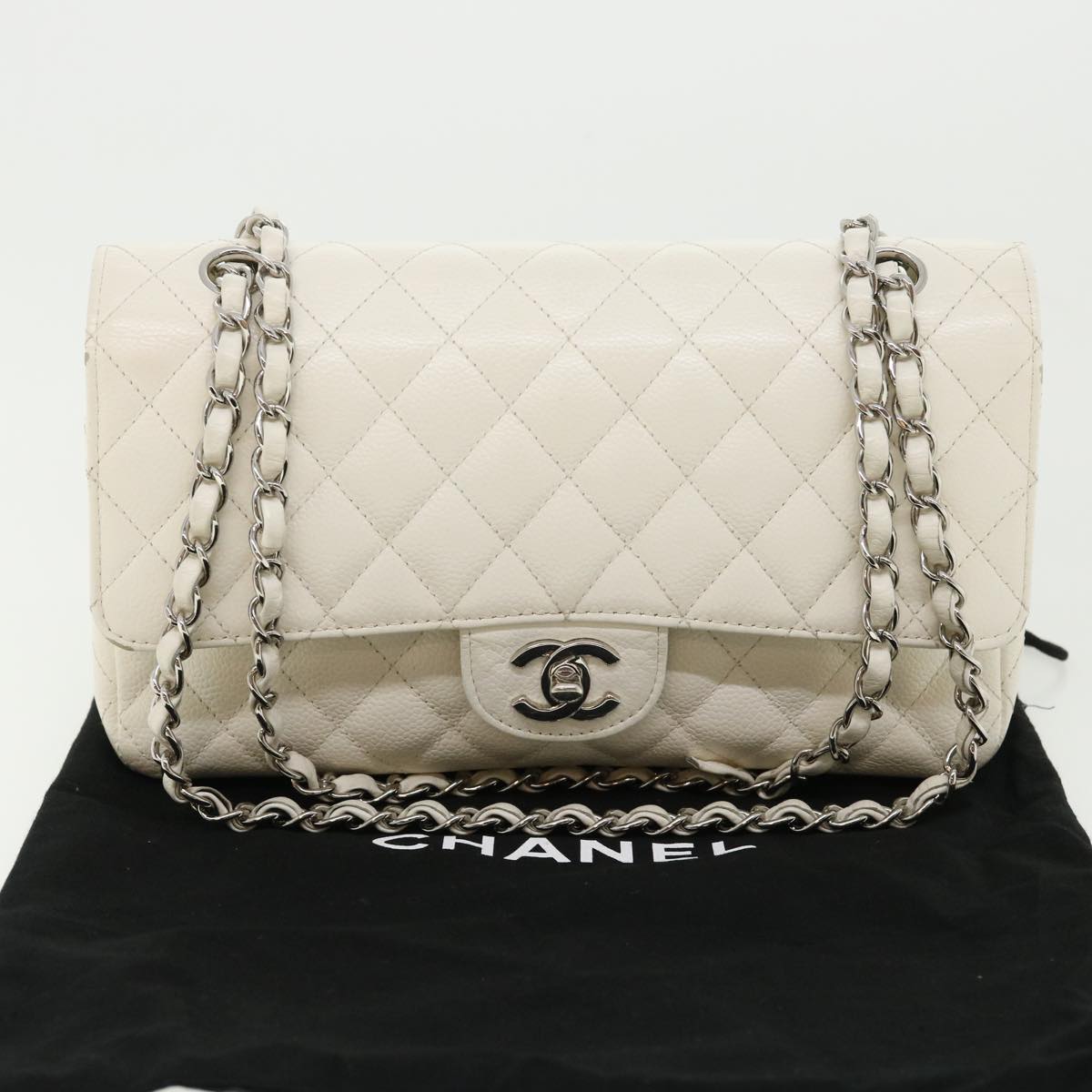 CHANEL Matelasse Double Flap Chain Shoulder Bag Caviar Skin White CC  knn085