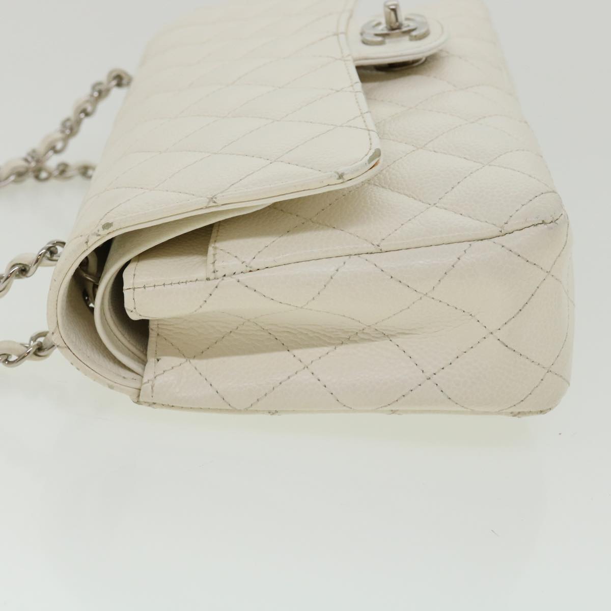 CHANEL Matelasse Double Flap Chain Shoulder Bag Caviar Skin White CC  knn085