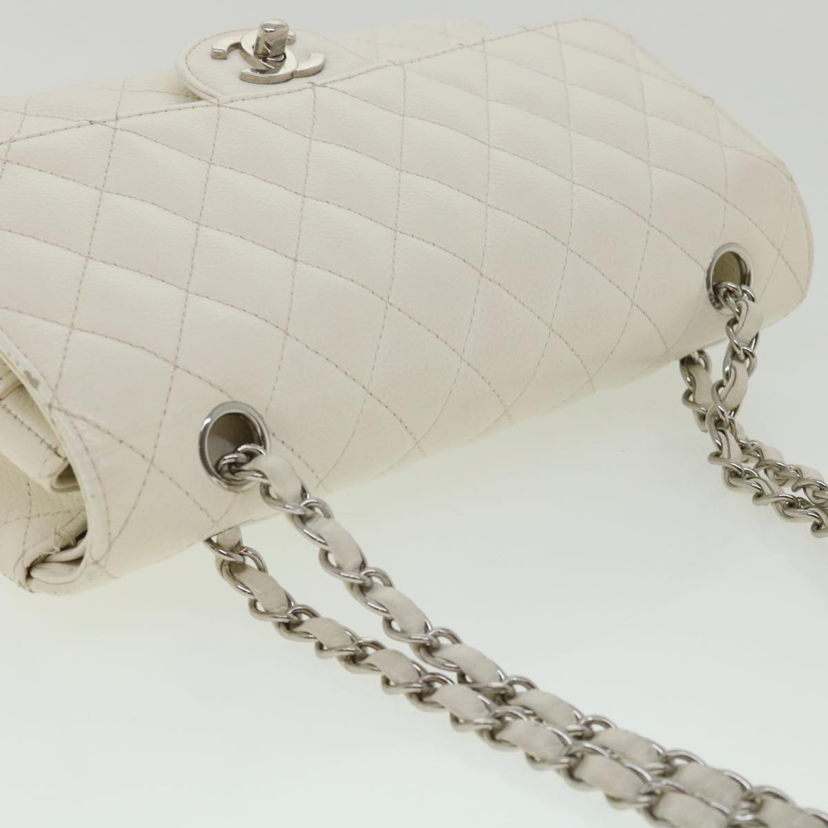 CHANEL Matelasse Double Flap Chain Shoulder Bag Caviar Skin White CC  knn085