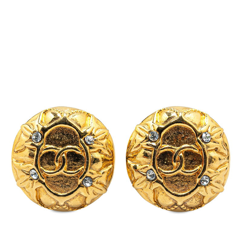 Chanel Vintage Coco Mark Rhinestone Earrings Gold Plated