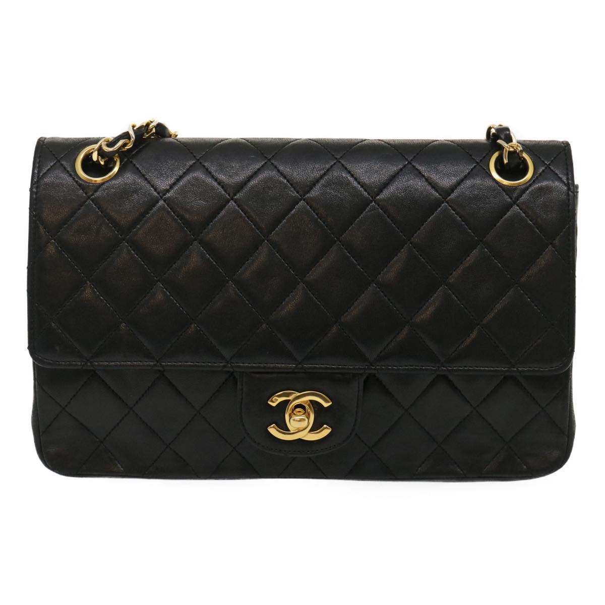 CHANEL Matelasse25 Chain Double Flap Shoulder Bag Lamb Skin Black CC  lt425A