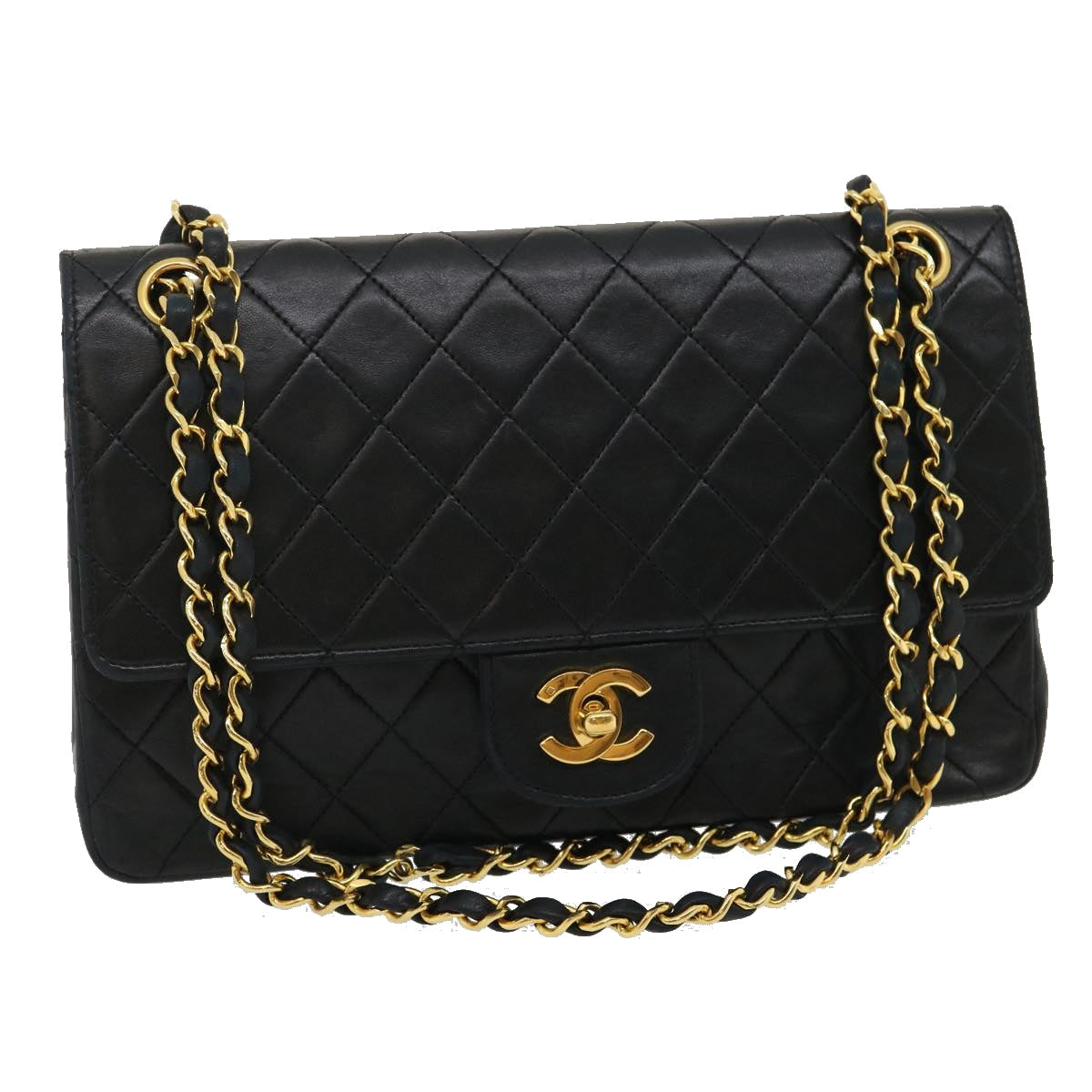 CHANEL Classic Matelasse 25 Chain Flap Shoulder Bag Lamb Skin Black  lt449A