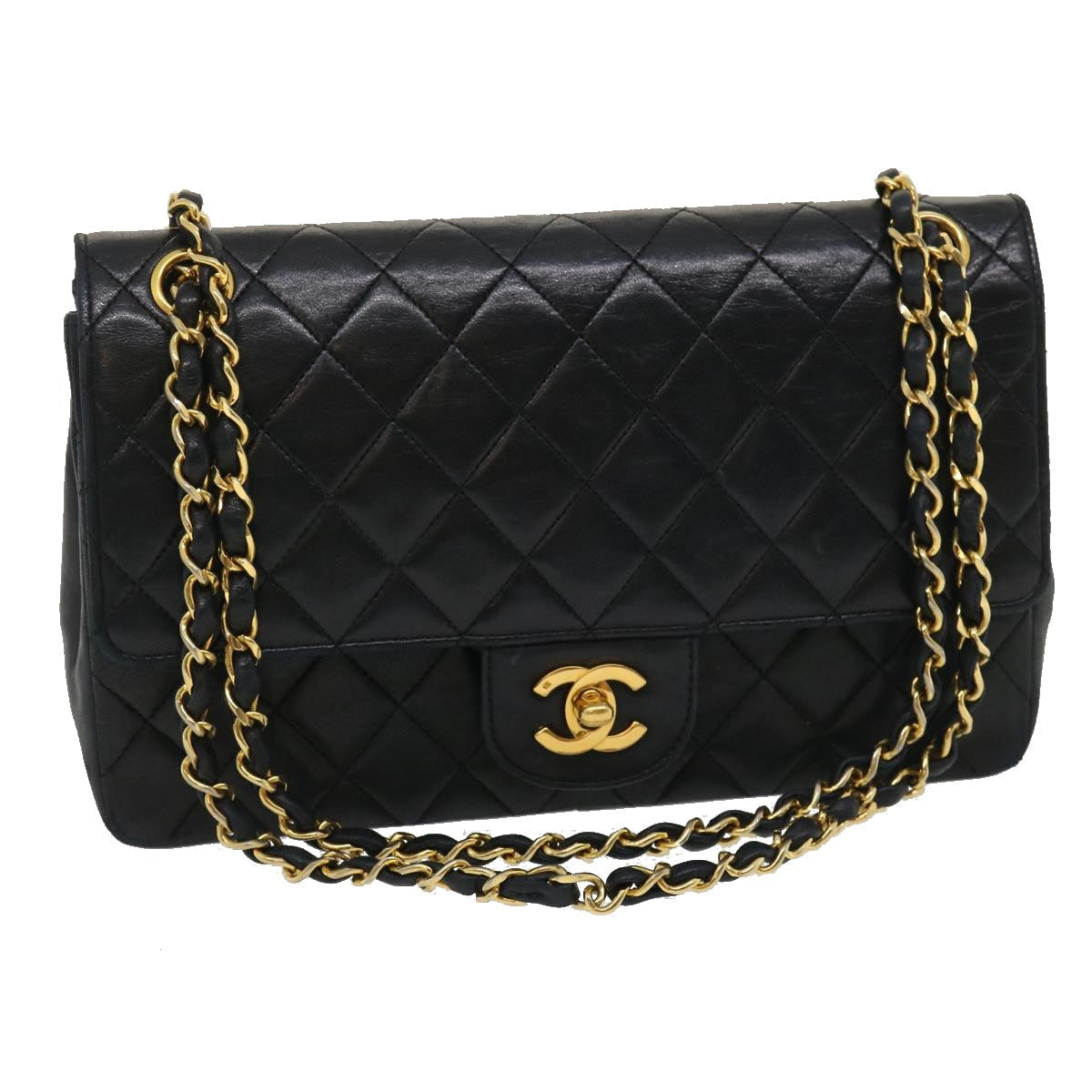 CHANEL Matelasse25 Double Chain Flap Shoulder Bag Lamb Skin Black CC  lt482A