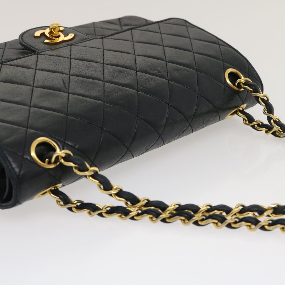 CHANEL Matelasse25 Double Chain Flap Shoulder Bag Lamb Skin Black CC  lt482A