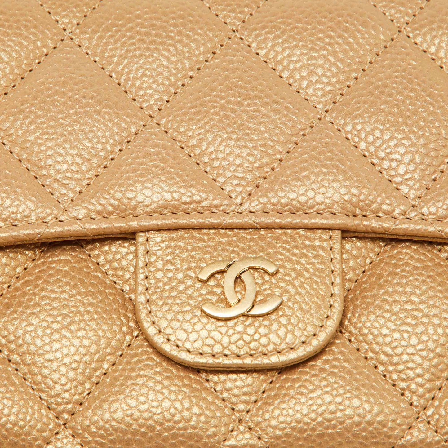 CHANEL Gold Quilted Caviar Leather Trifold Wallet