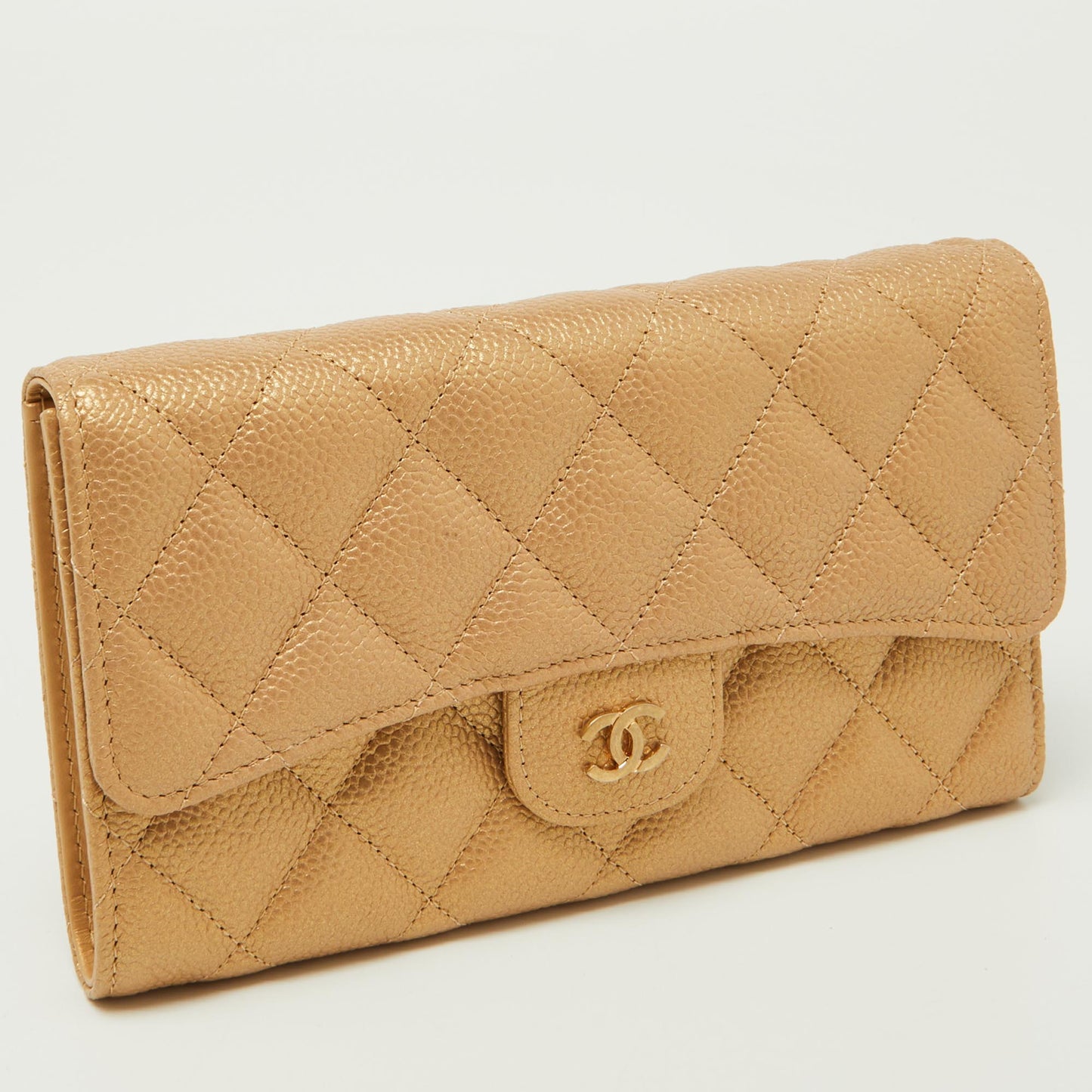 CHANEL Gold Quilted Caviar Leather Trifold Wallet
