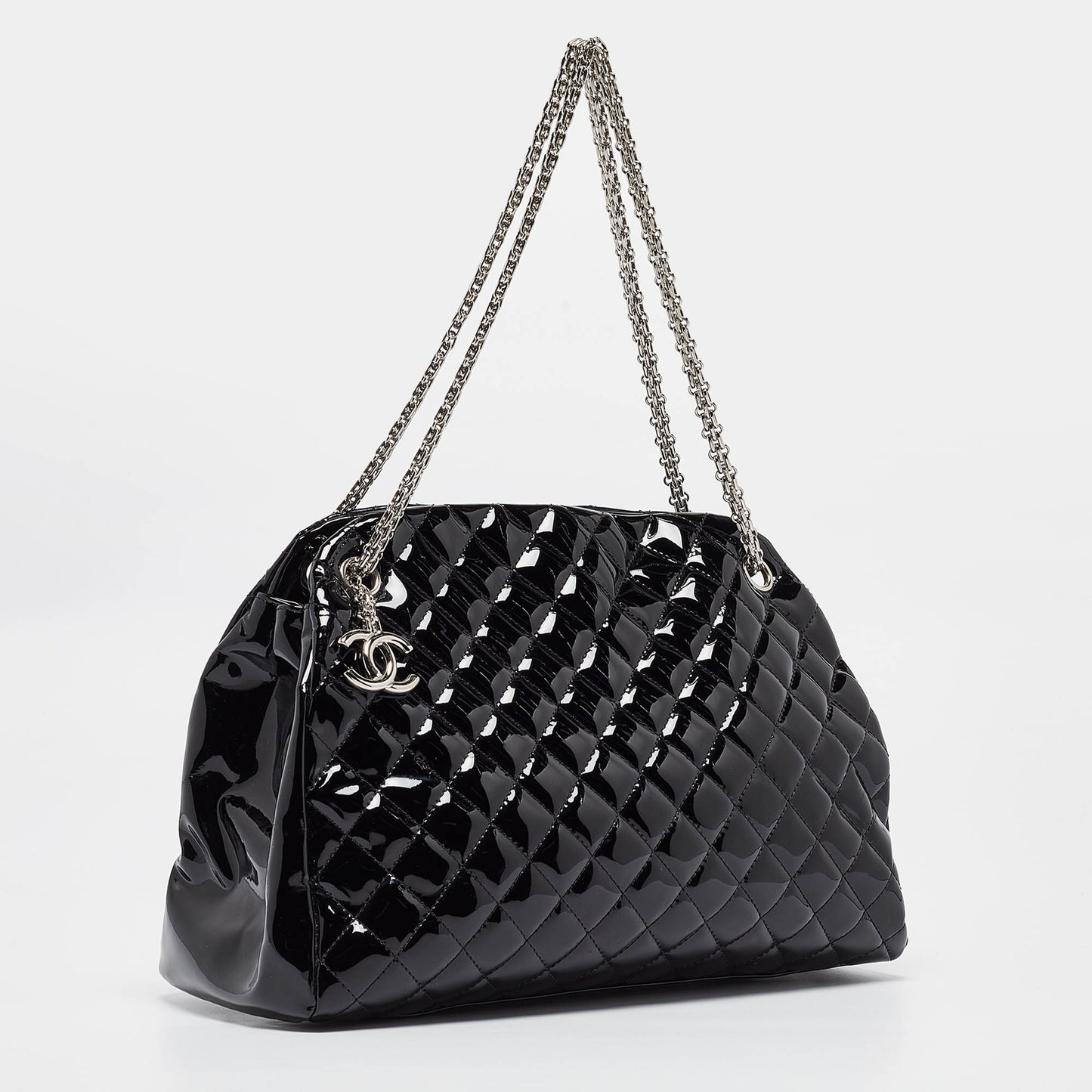 CHANEL Black Quilted Patent Leather Large Just Mademoiselle Bowler Bag