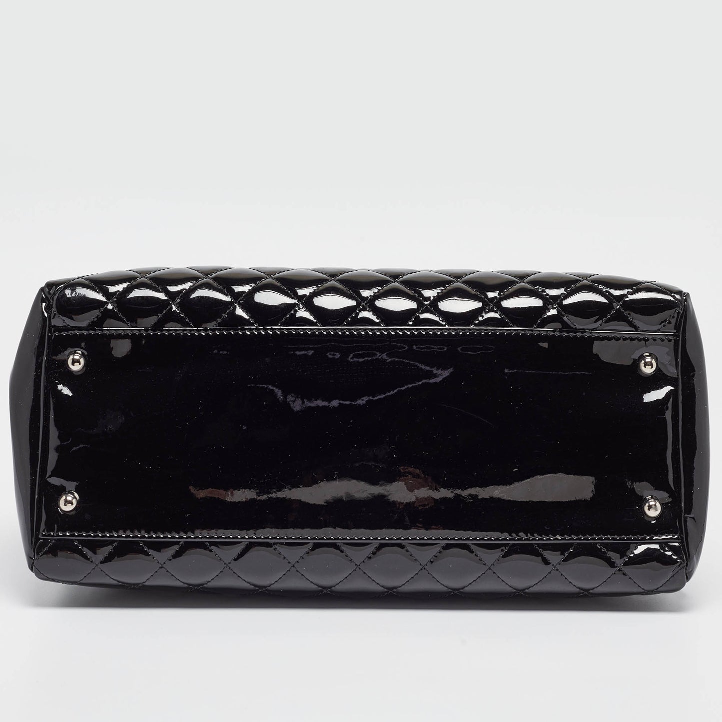 CHANEL Black Quilted Patent Leather Large Just Mademoiselle Bowler Bag