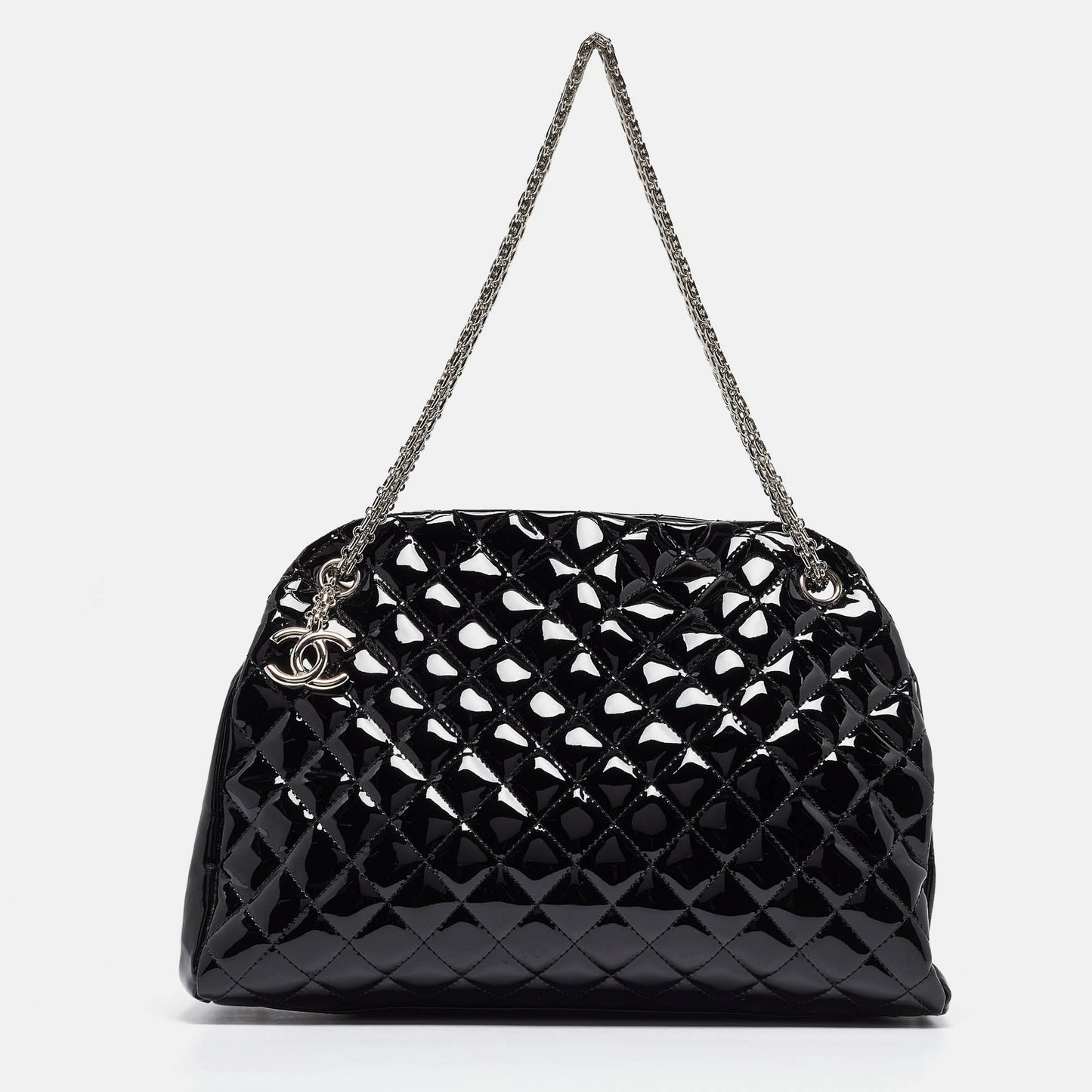 CHANEL Black Quilted Patent Leather Large Just Mademoiselle Bowler Bag