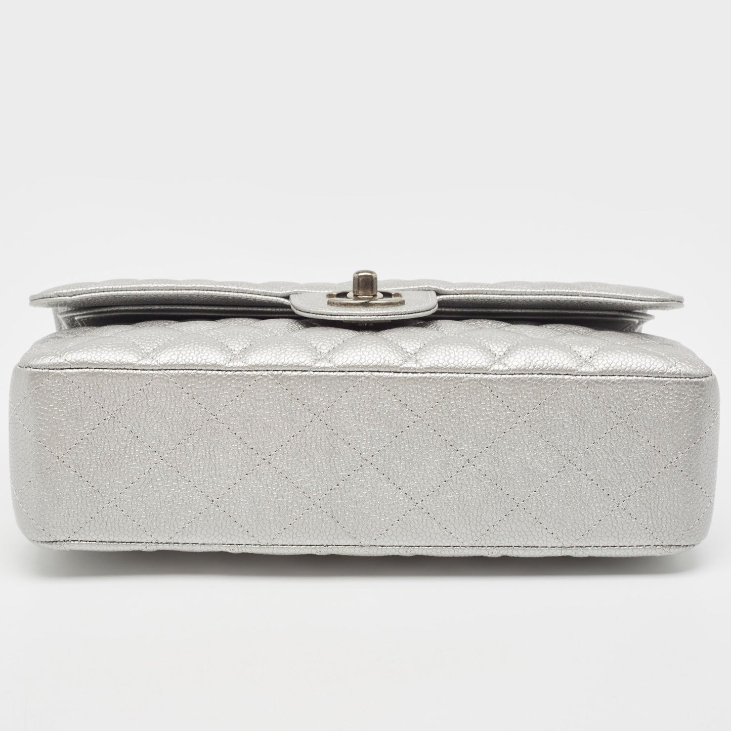 CHANEL Silver Quilted Caviar Leather Medium Classic Double Flap Bag