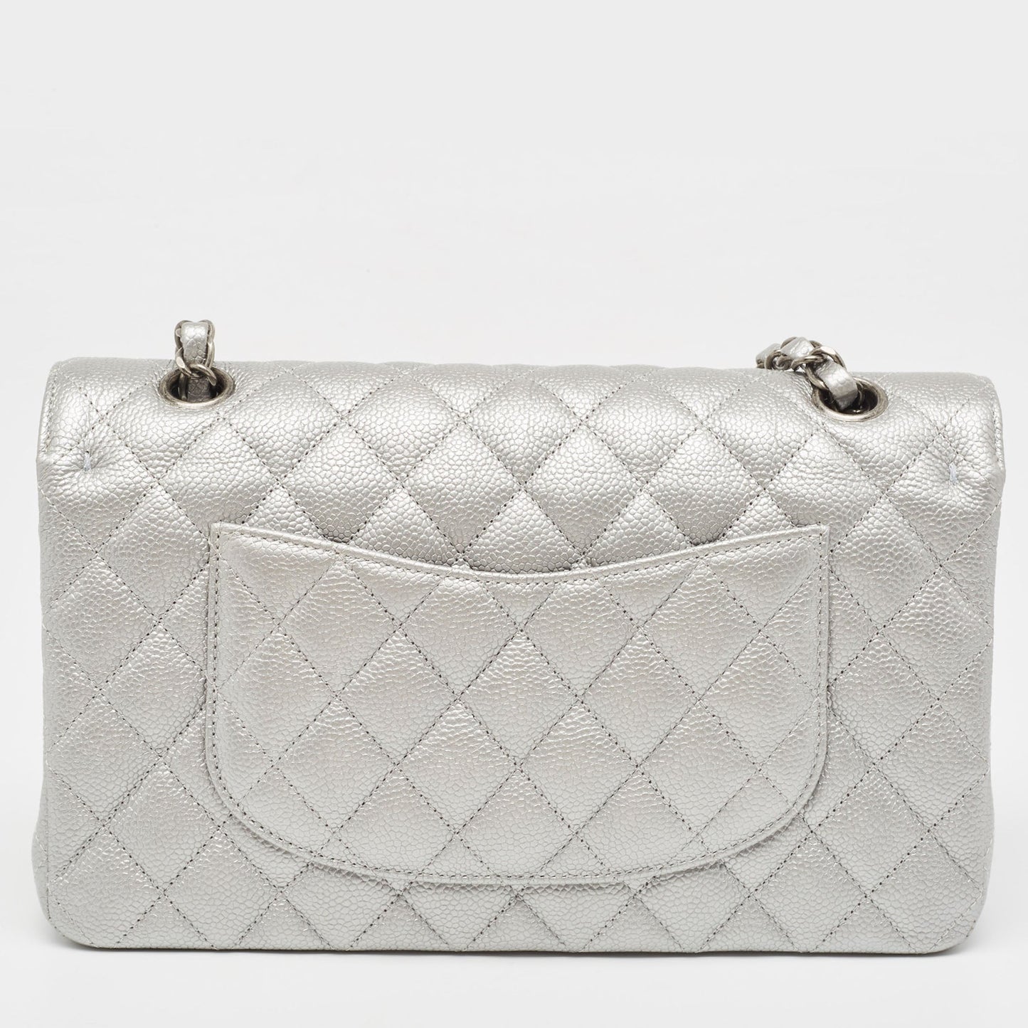 CHANEL Silver Quilted Caviar Leather Medium Classic Double Flap Bag