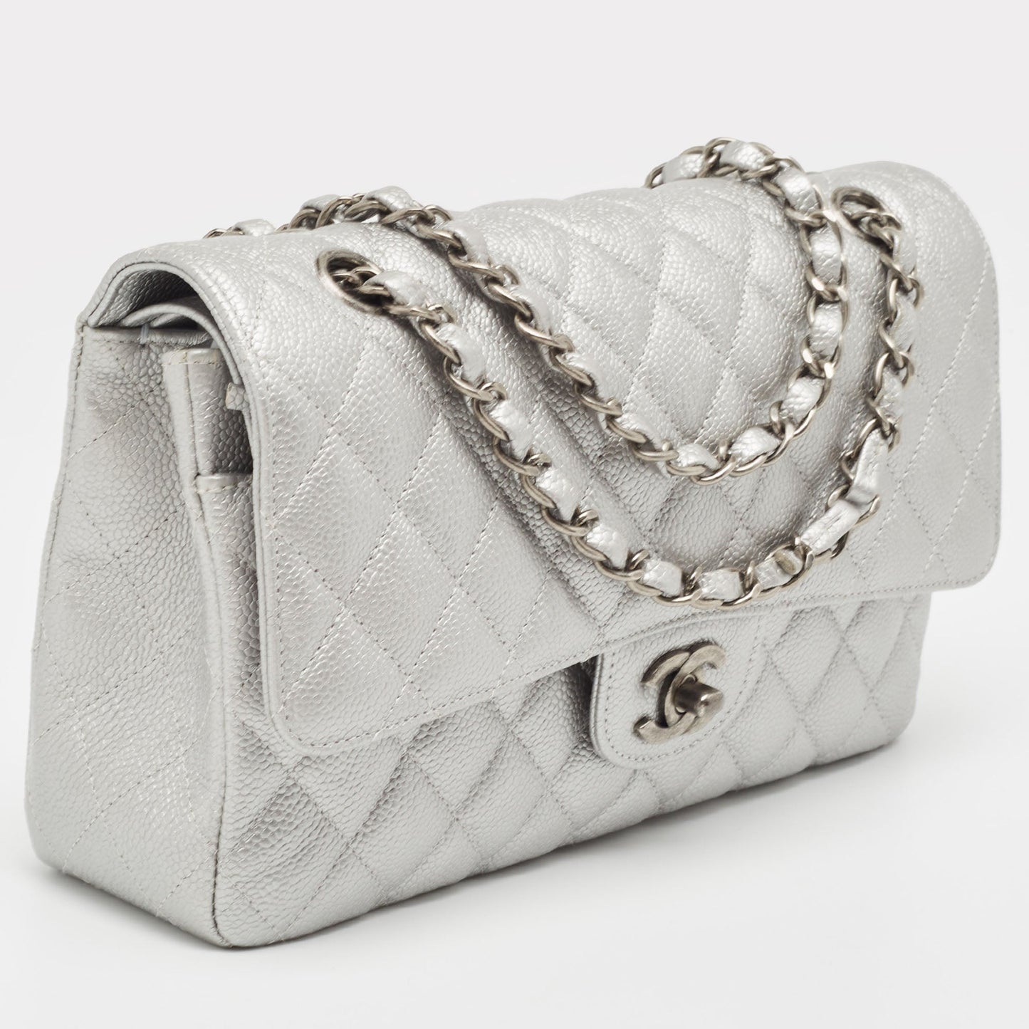 CHANEL Silver Quilted Caviar Leather Medium Classic Double Flap Bag