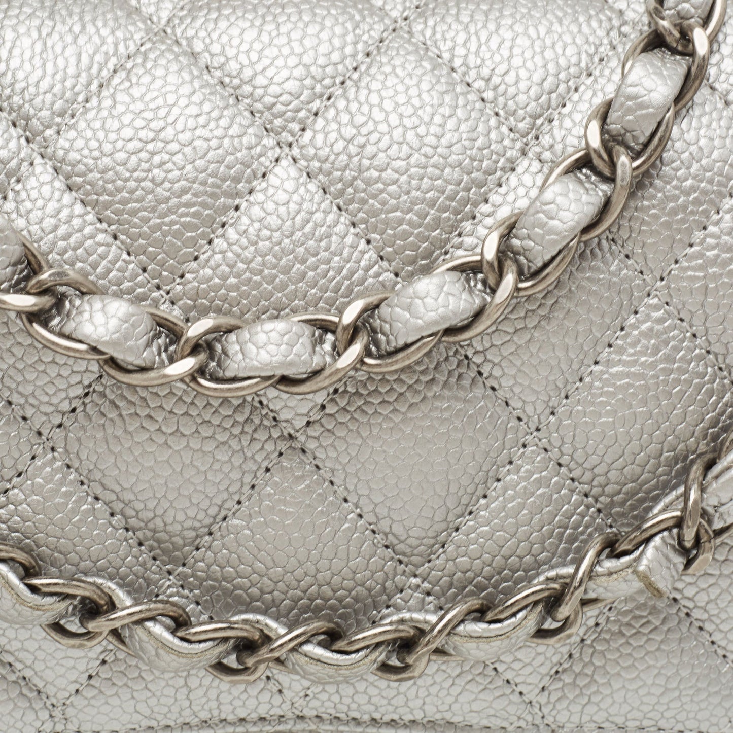 CHANEL Silver Quilted Caviar Leather Medium Classic Double Flap Bag