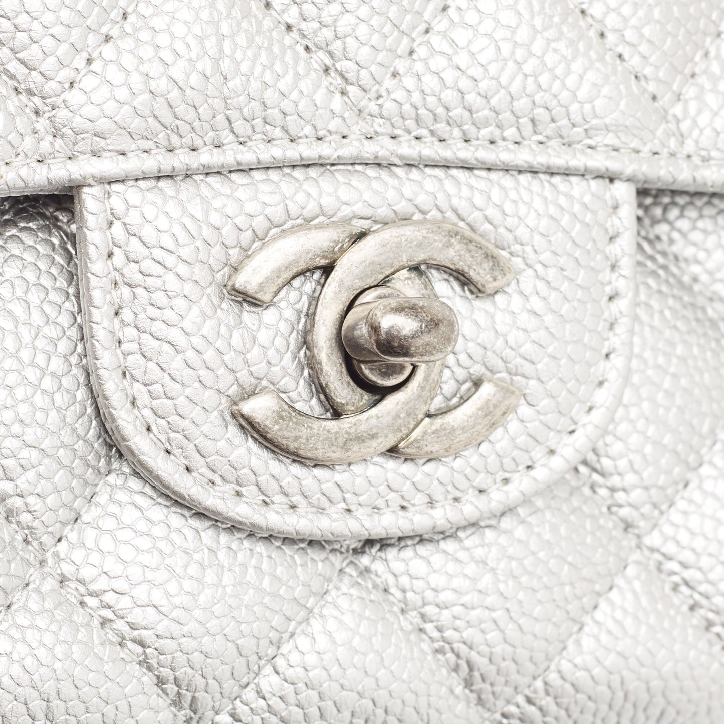CHANEL Silver Quilted Caviar Leather Medium Classic Double Flap Bag