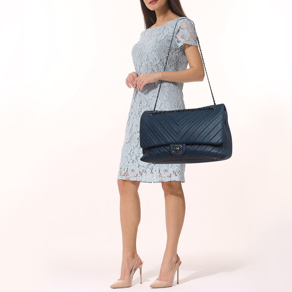 CHANEL Blue Chevron Leather XXL Travel Flap Bag
