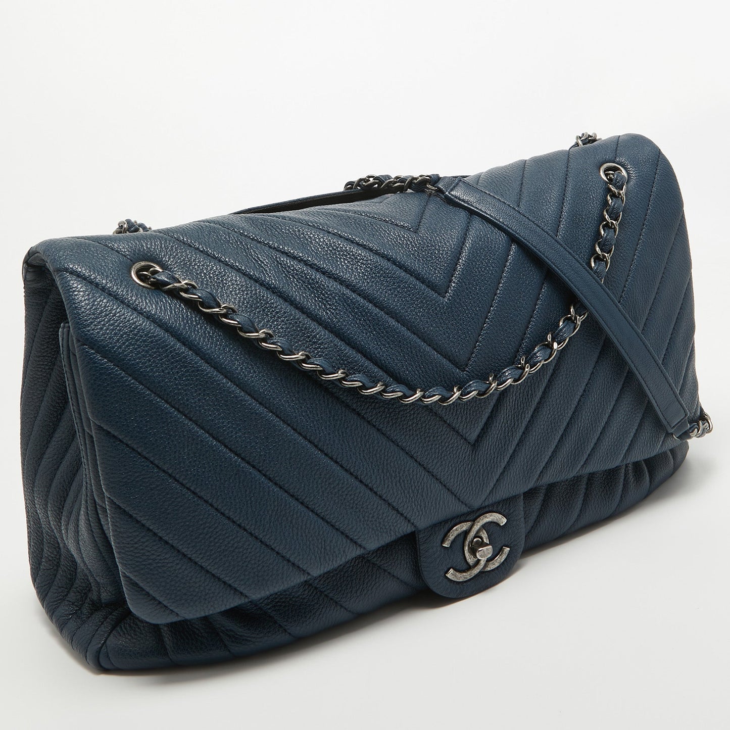 CHANEL Blue Chevron Leather XXL Travel Flap Bag