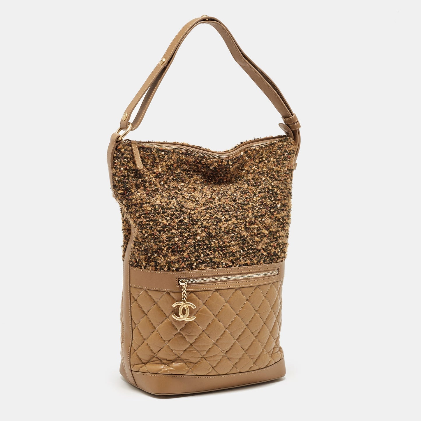 CHANEL Brown Quilted Aged Leather and Tweed Large Casual Hobo