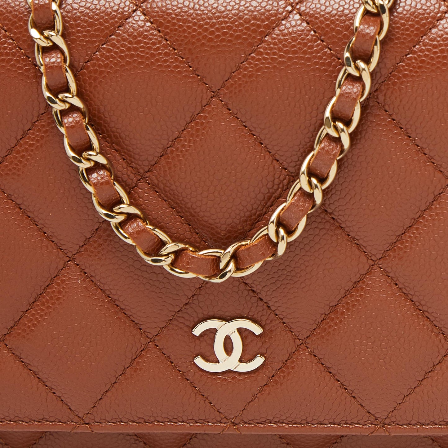 CHANEL Brown Quilted Caviar Leather Classic Wallet on Chain