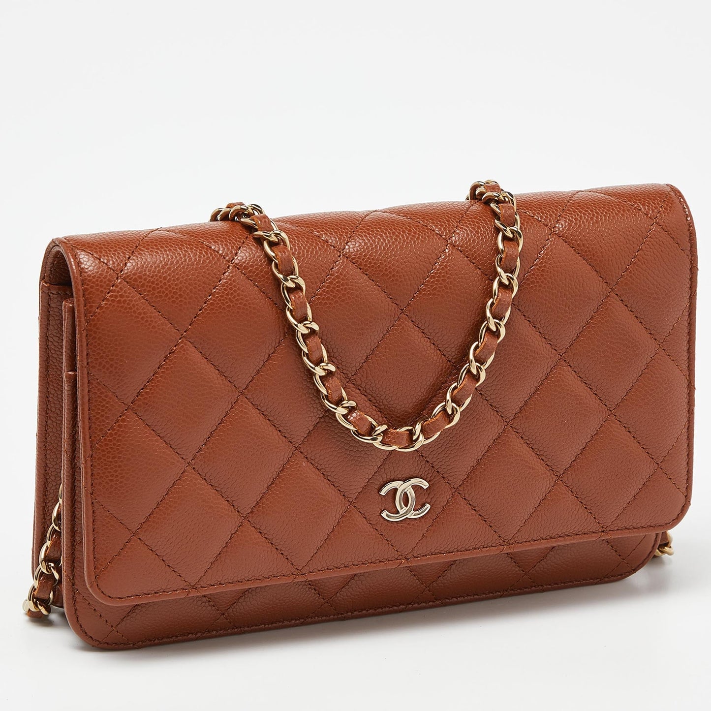 CHANEL Brown Quilted Caviar Leather Classic Wallet on Chain