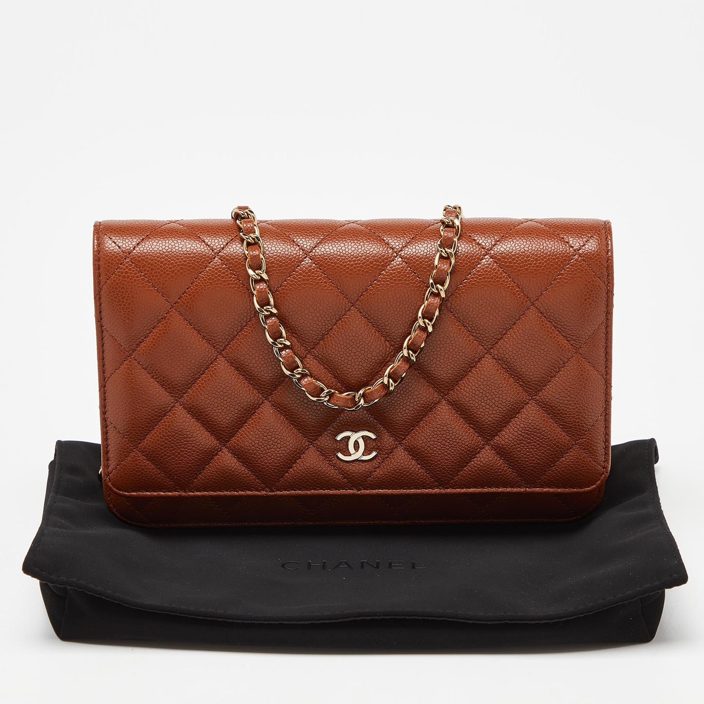 CHANEL Brown Quilted Caviar Leather Classic Wallet on Chain