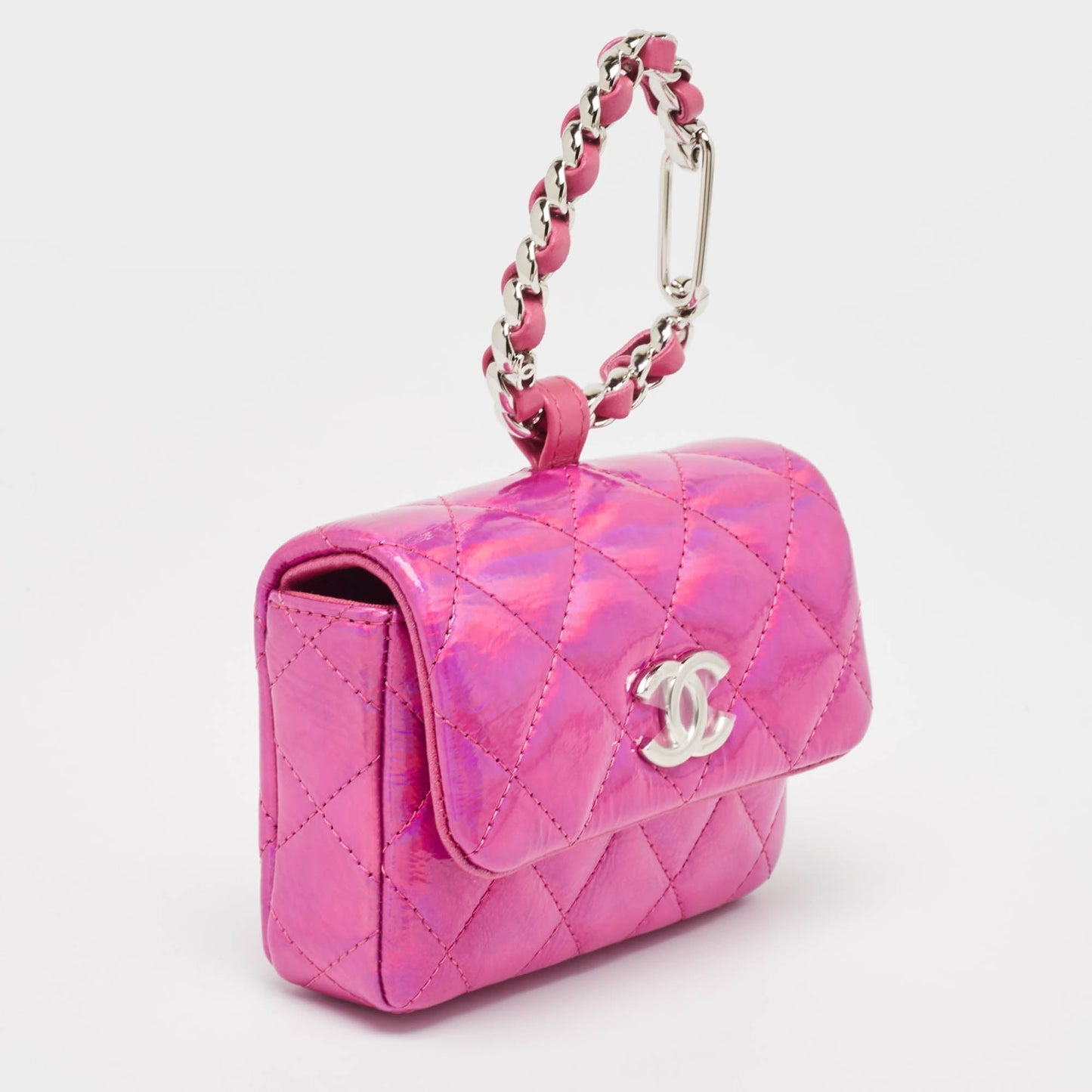 CHANEL Pink Iridescent Quilted Patent Leather CC Hook Card Holder