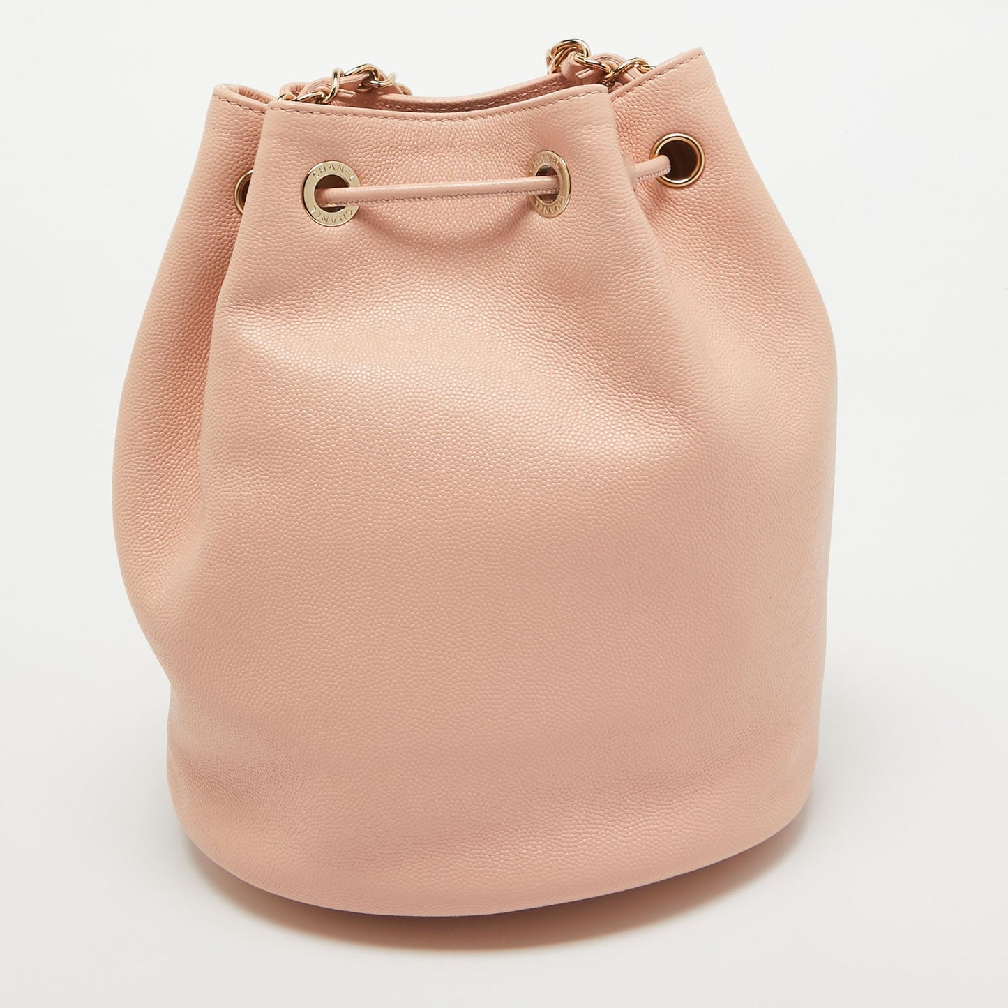 CHANEL Peach Leather Logo Studs Deauville Drawstring Bucket Bag
