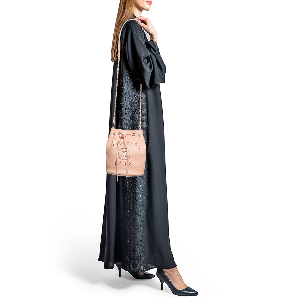 CHANEL Peach Leather Logo Studs Deauville Drawstring Bucket Bag