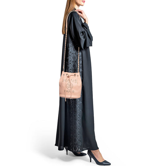 CHANEL Peach Leather Logo Studs Deauville Drawstring Bucket Bag