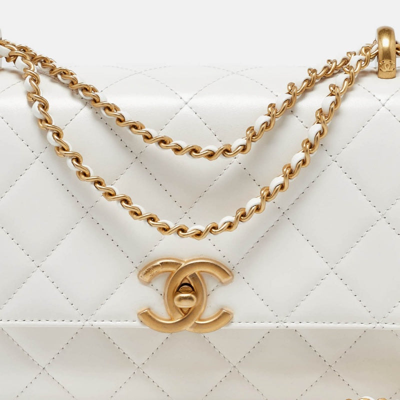 CHANEL White Quilted Leather Small Flap Shoulder Bag