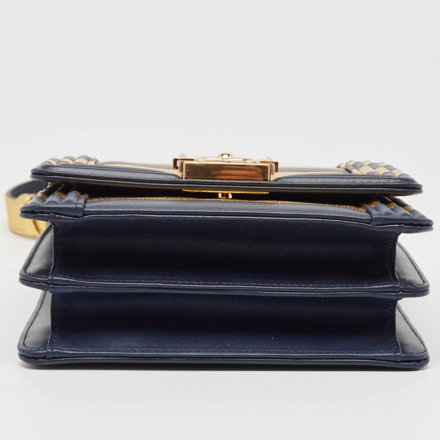 CHANEL Navy Blue/Gold Leather Paris-New York North/South Boy Bag