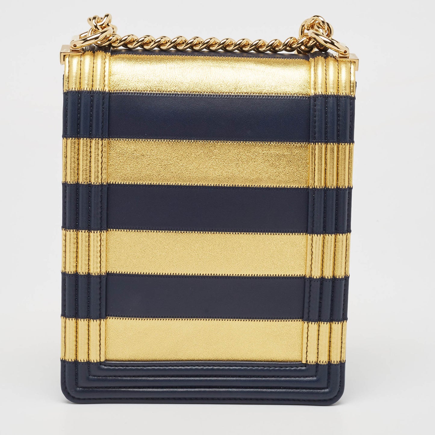 CHANEL Navy Blue/Gold Leather Paris-New York North/South Boy Bag
