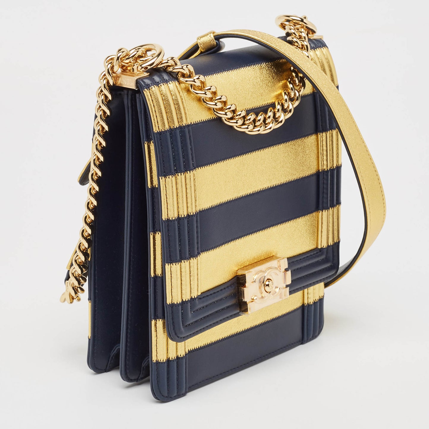 CHANEL Navy Blue/Gold Leather Paris-New York North/South Boy Bag
