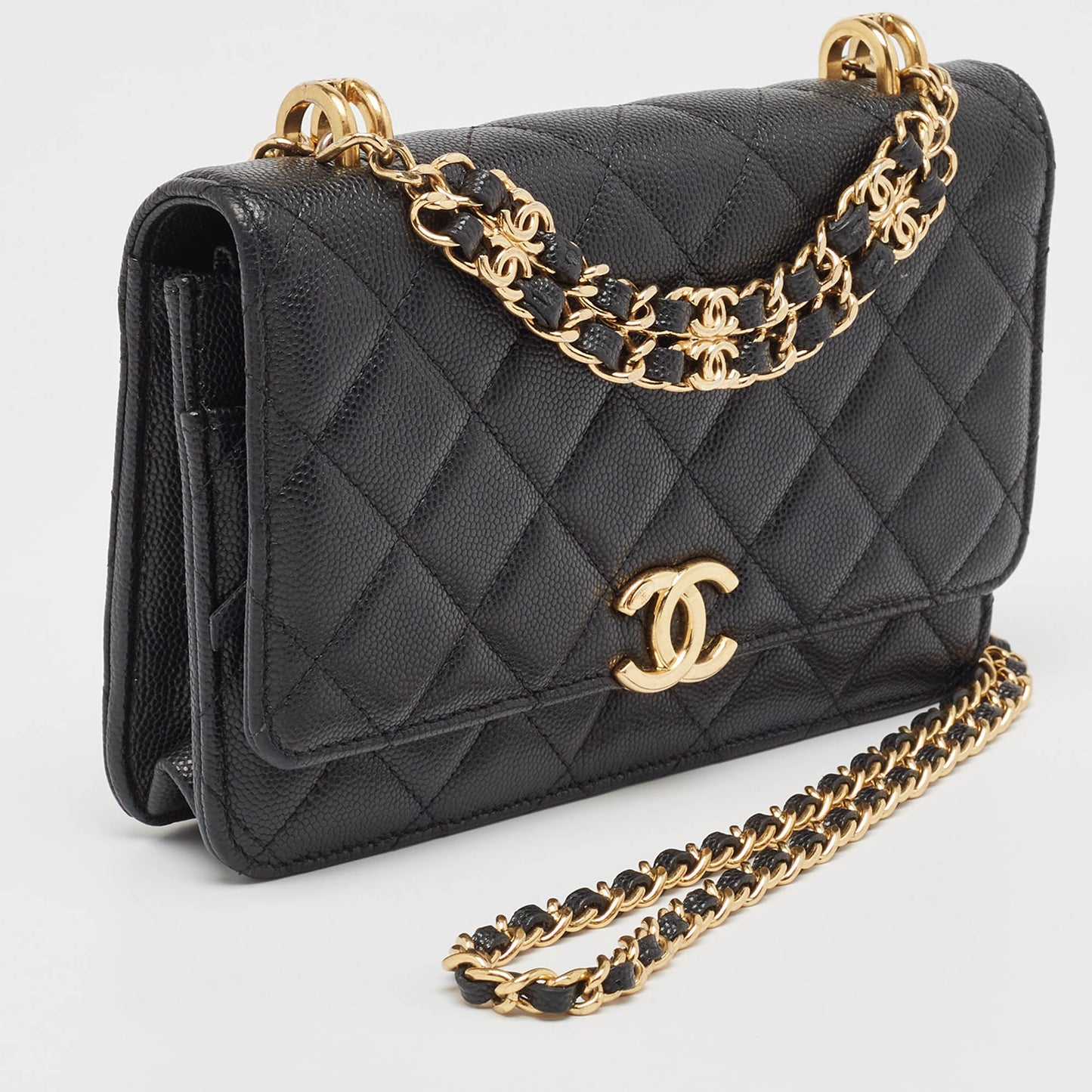 CHANEL Black Quilted Caviar Leather Coco First Wallet on Chain