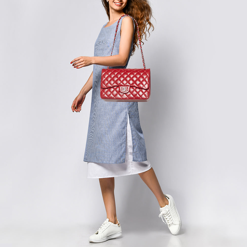 CHANEL Red Quilted Caviar Leather Jumbo Classic Double Flap Bag