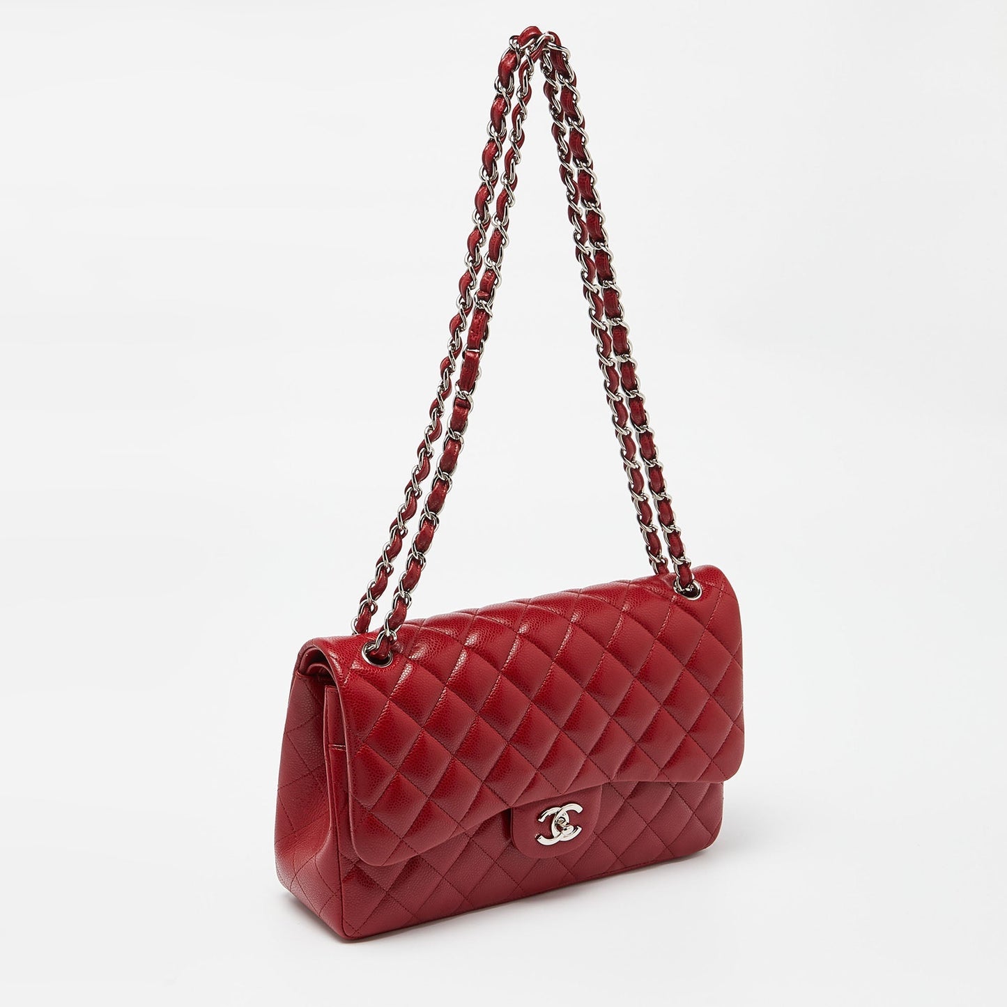 CHANEL Red Quilted Caviar Leather Jumbo Classic Double Flap Bag