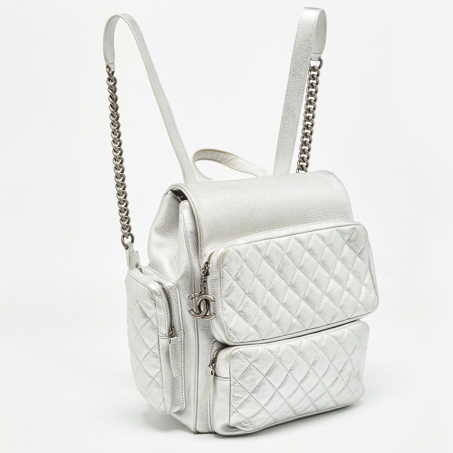 CHANEL Silver Quilted Leather Casual Rock Airline Backpack