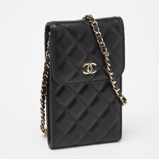 CHANEL Black Quilted Leather Phone Holder Crossbody Bag