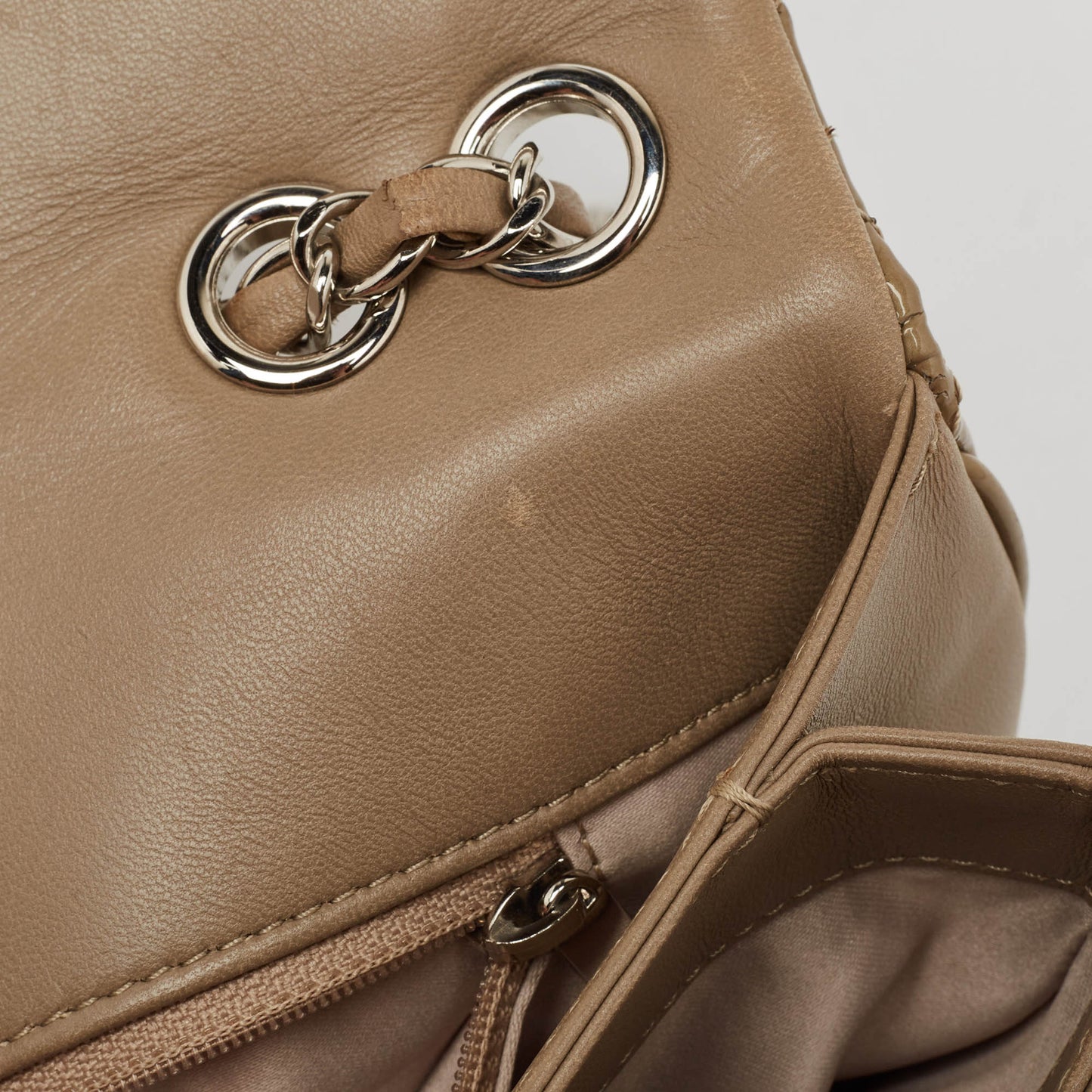 CHANEL Beige Quilted Patent Leather 3 Classic Flap Bag