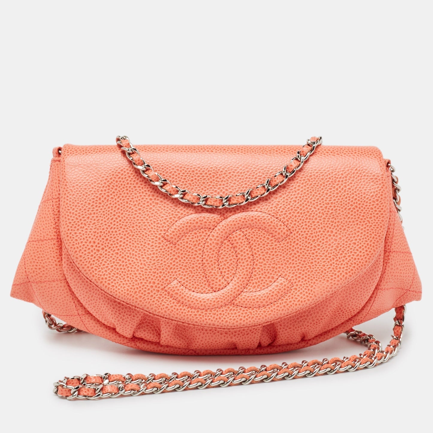 CHANEL Orange Caviar Leather Half Moon Wallet On Chain