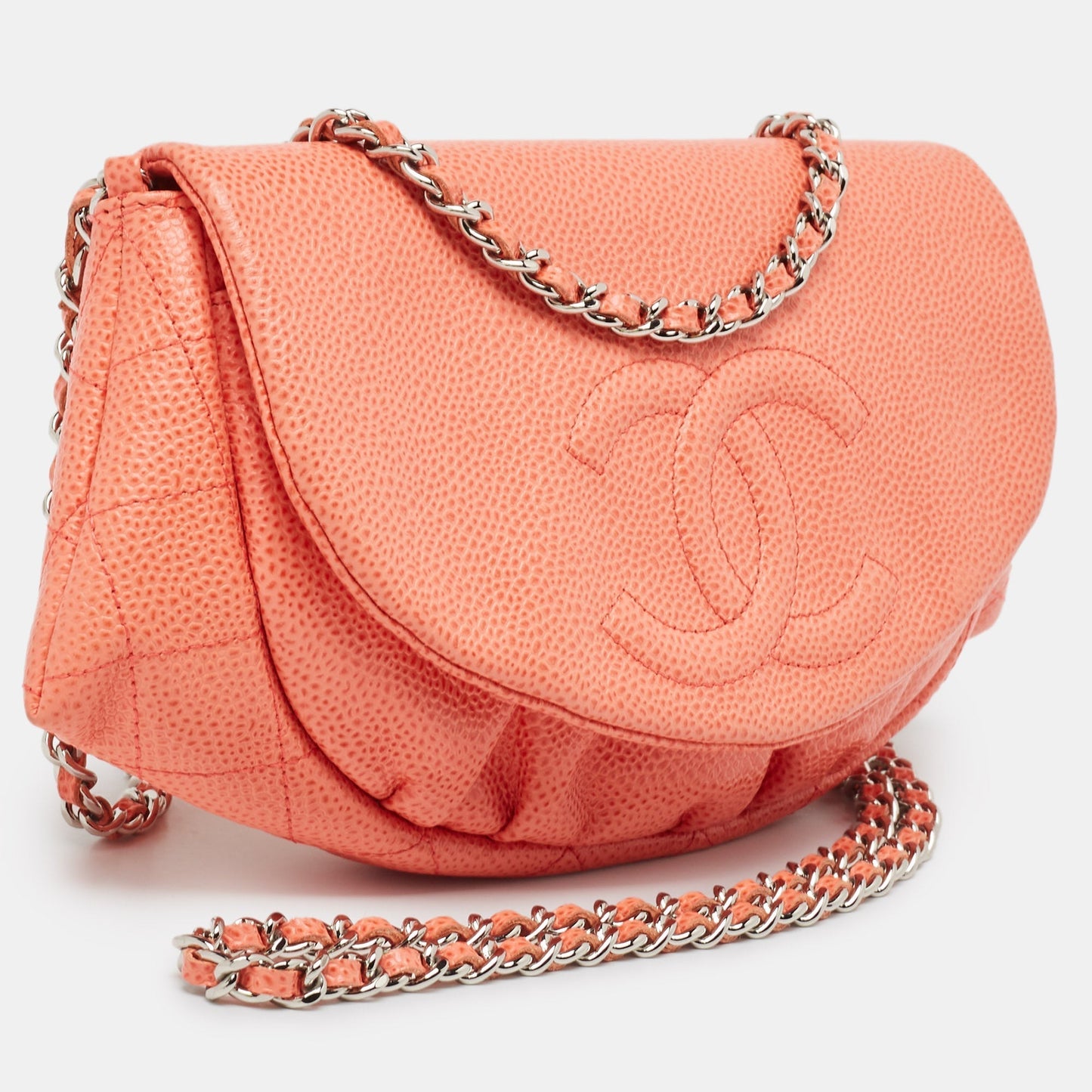 CHANEL Orange Caviar Leather Half Moon Wallet On Chain