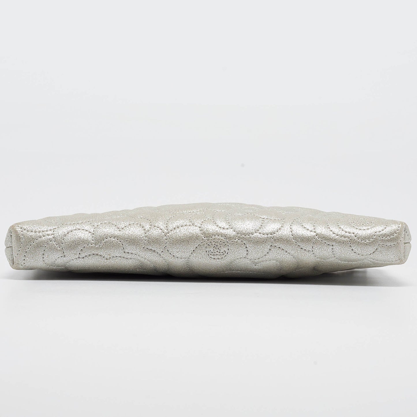CHANEL Grey Shimmer Nubuck Leather Camelia Embossed Chain Clutch