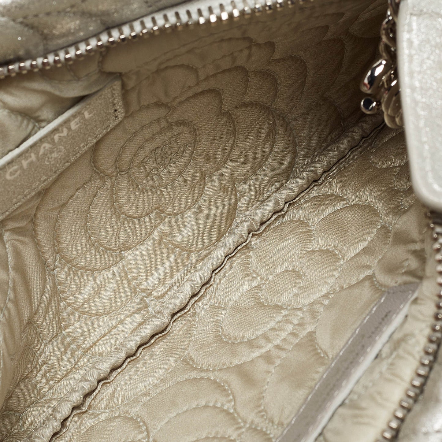 CHANEL Grey Shimmer Nubuck Leather Camelia Embossed Chain Clutch