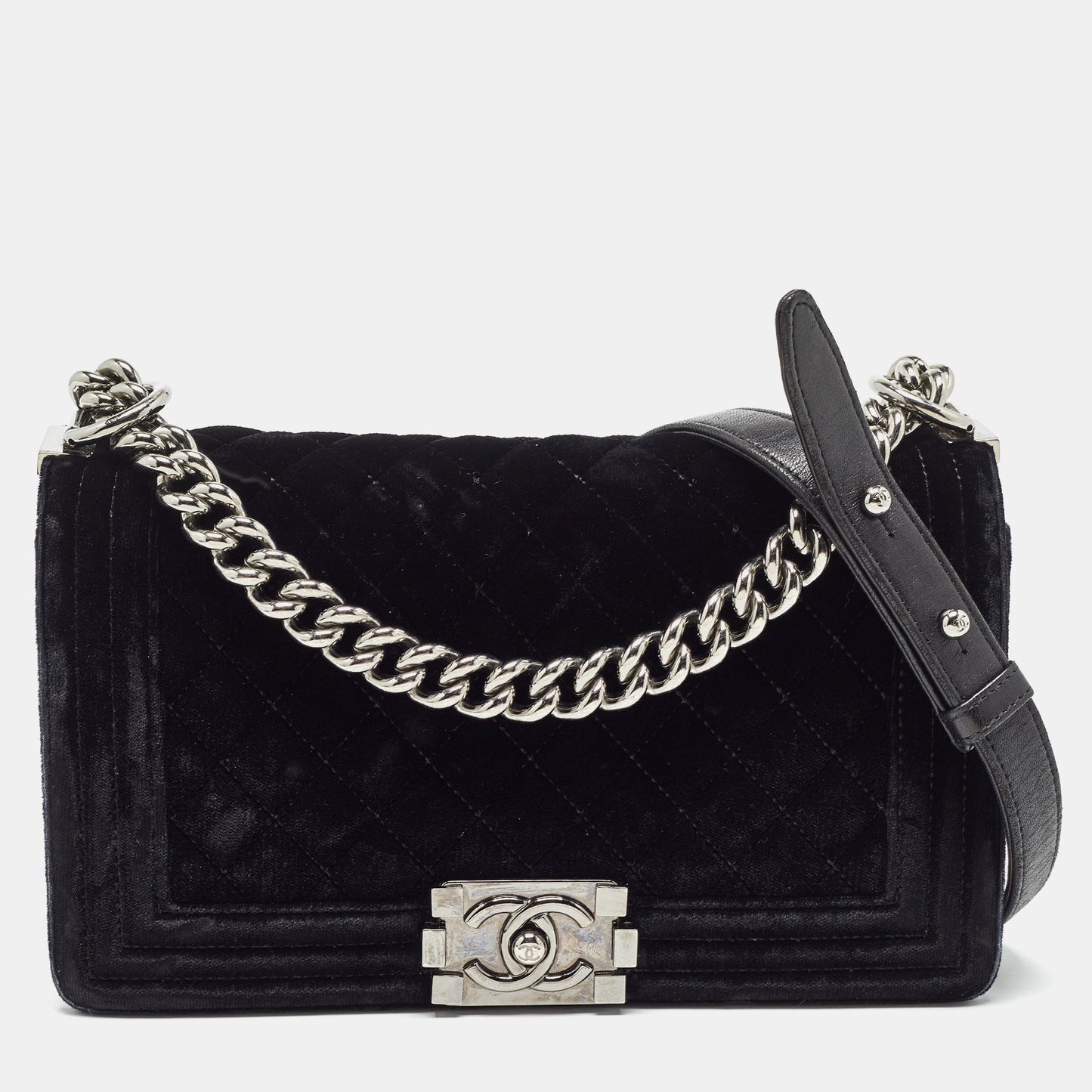 CHANEL Black Quilted Velvet Medium Boy Flap Bag