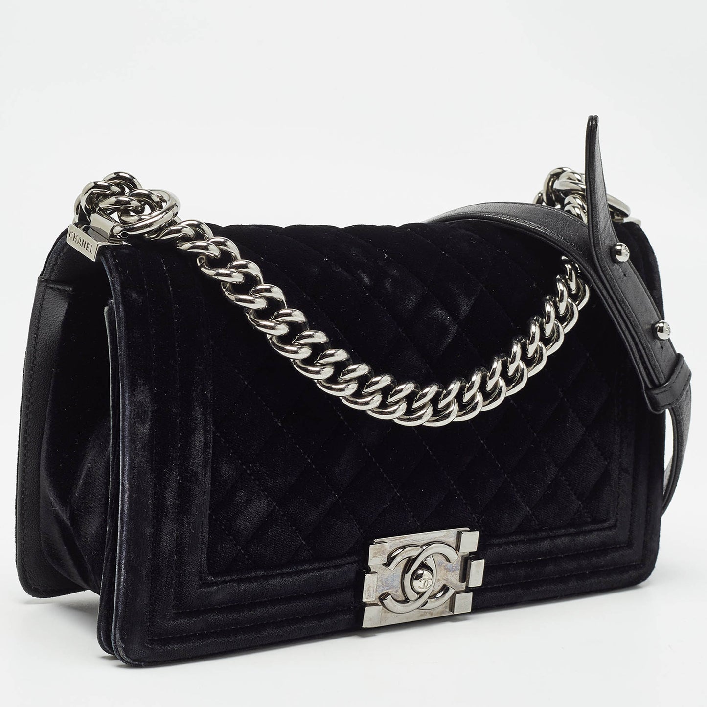 CHANEL Black Quilted Velvet Medium Boy Flap Bag