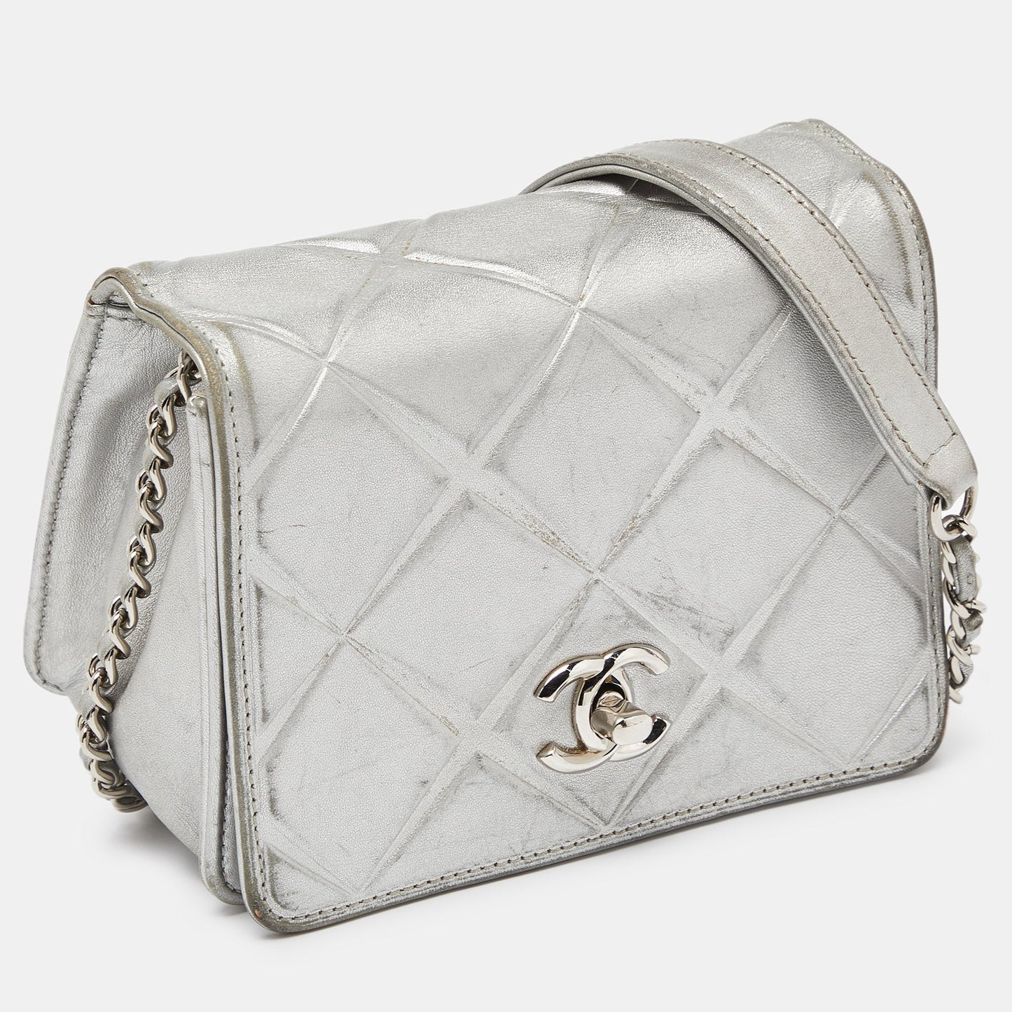 CHANEL Silver Leather Mini Propeller Flap Bag