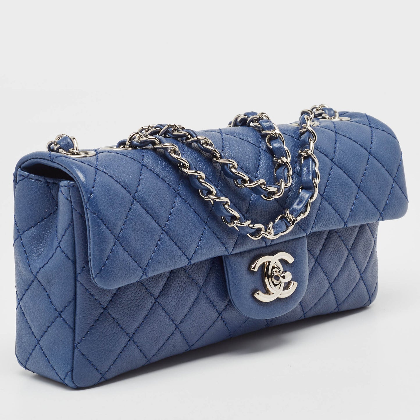 CHANEL Blue Quilted Caviar Leather East/West Classic Flap Bag