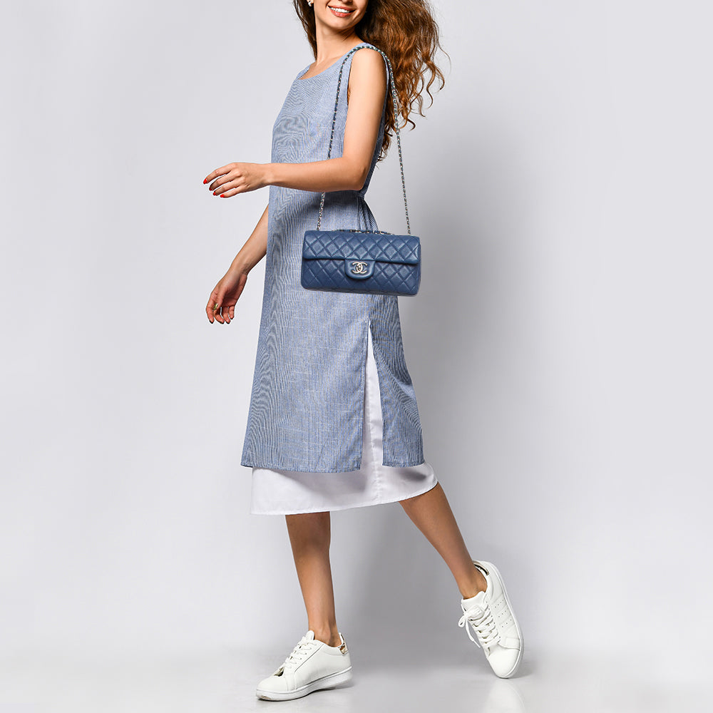 CHANEL Blue Quilted Caviar Leather East/West Classic Flap Bag