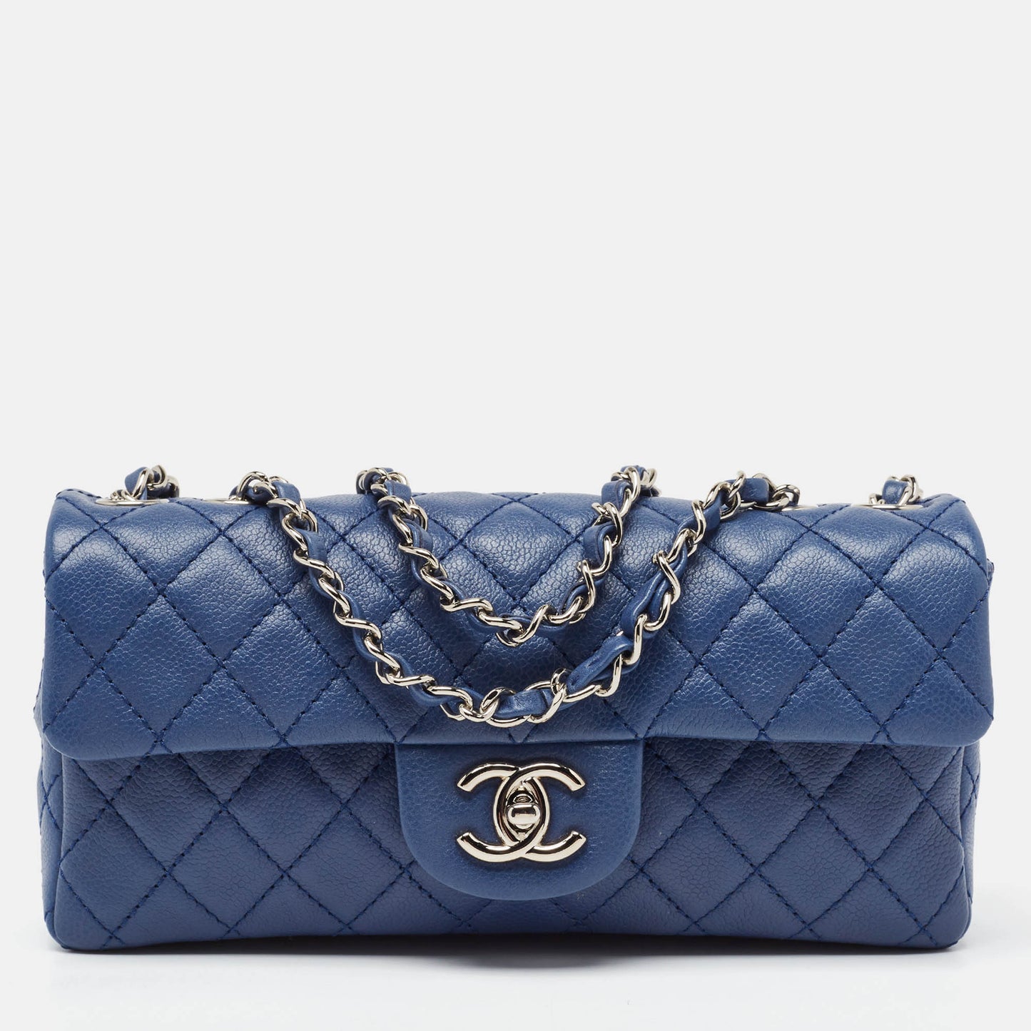 CHANEL Blue Quilted Caviar Leather East/West Classic Flap Bag