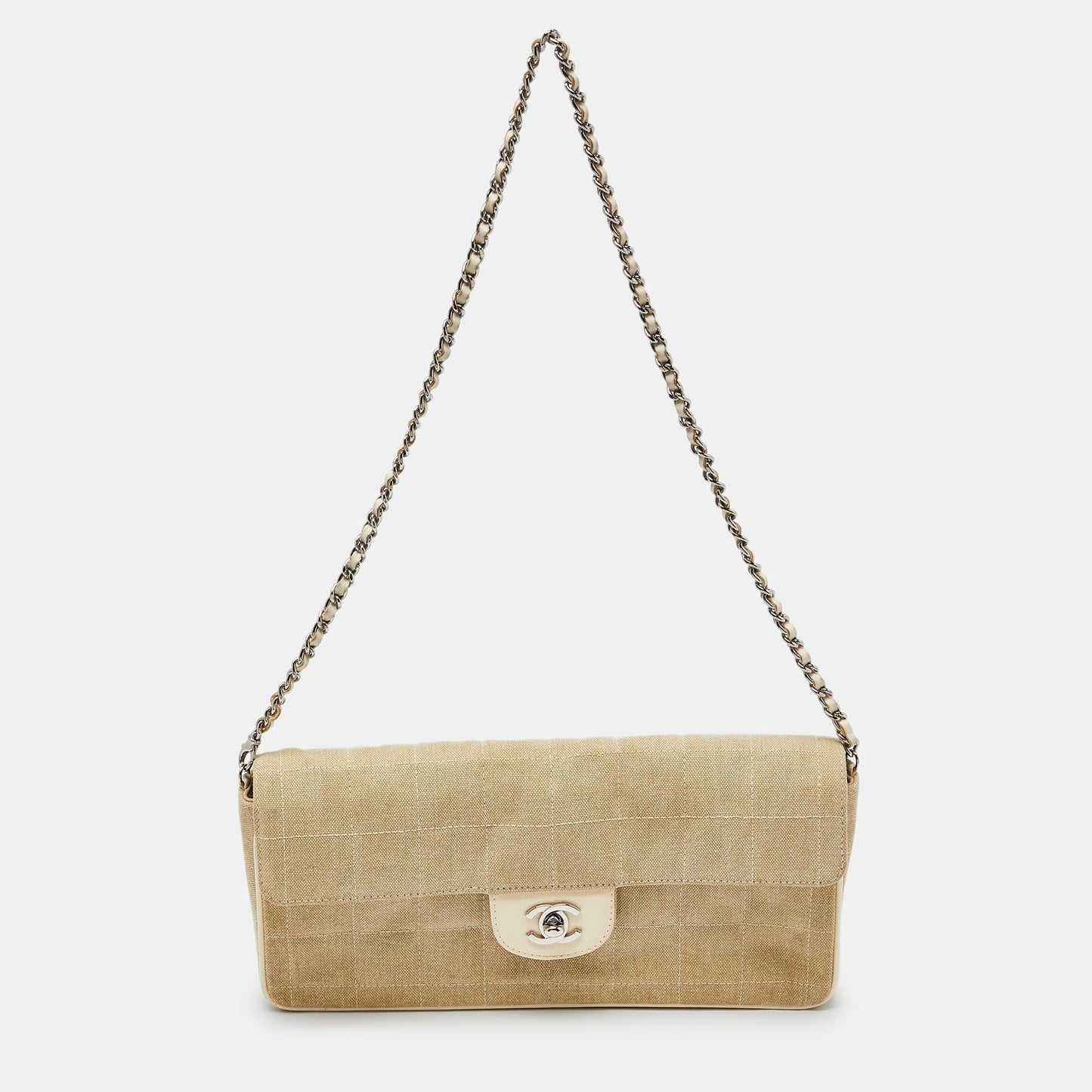 CHANEL Beige Quilted Canvas Travel Line East West Flap Bag